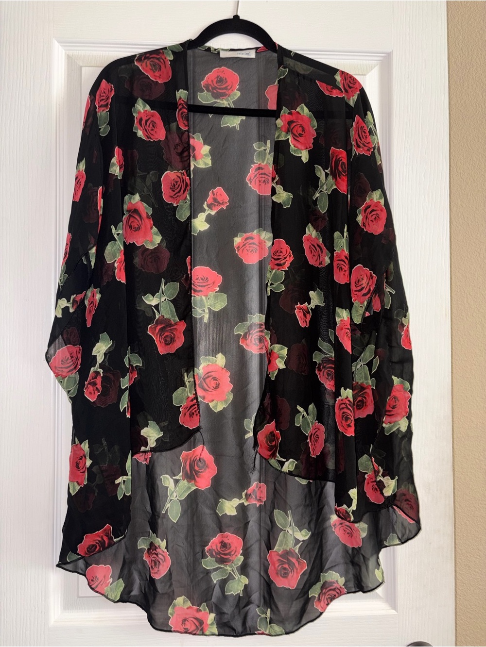 Black Sheer Rose-Print Open-Front Kimono